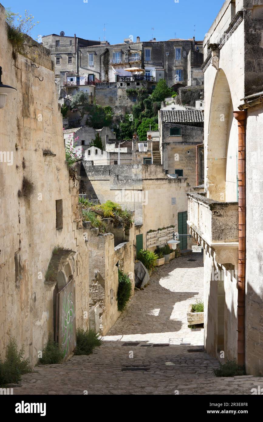 Scene nei quartieri e le vecchie strade di Matera, Basilicata regione d'Italia Foto Stock