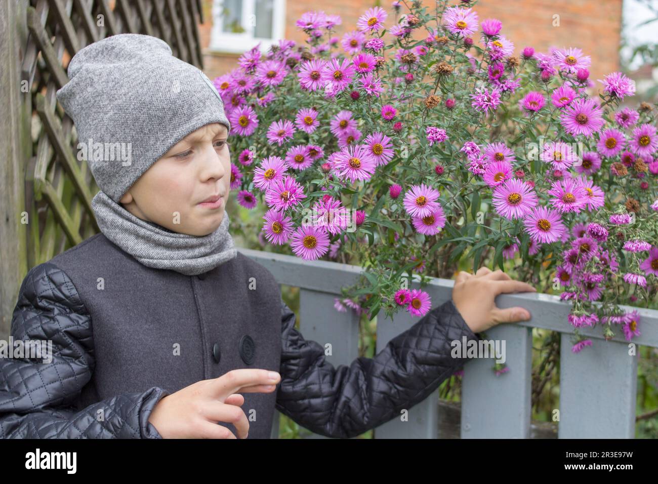 Il ragazzo guarda i fiori attraverso il recinto Foto Stock