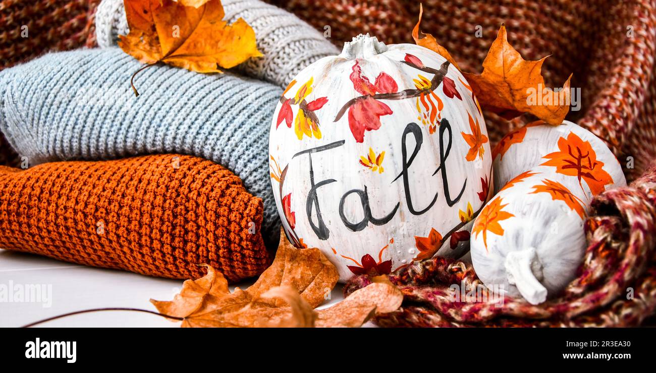 Bellissime zucche autunnali dipinte. SCRITTURA CADUTA sulla zucca. Vendemmia autunnale. FAI DA TE. Felpa stagione con foglie d'autunno accogliente Foto Stock