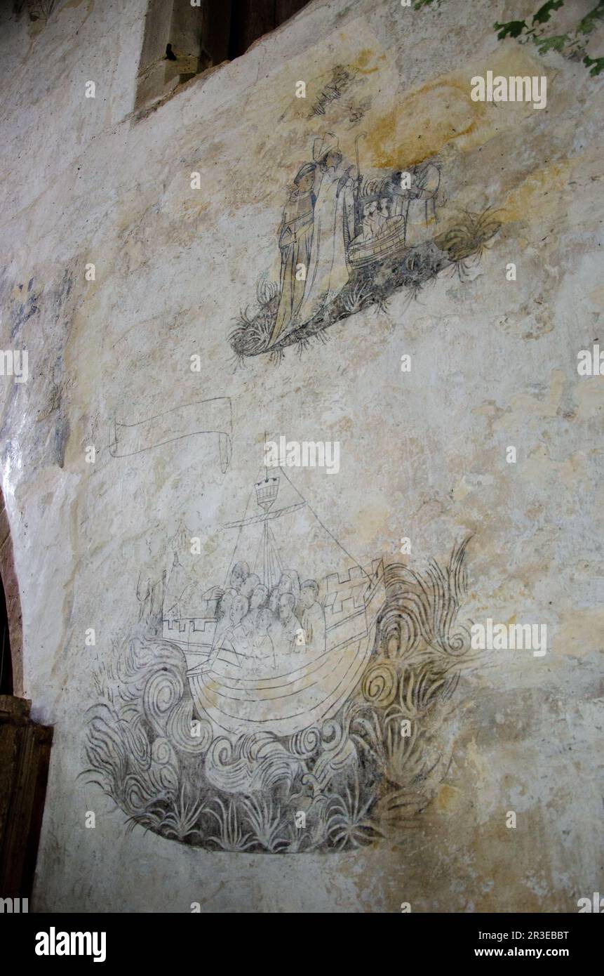 Pitture murali, seccoes di affresco, in Haddon Hall Chapel, Bakewell, Peak District, Derbyshire, Regno Unito Foto Stock