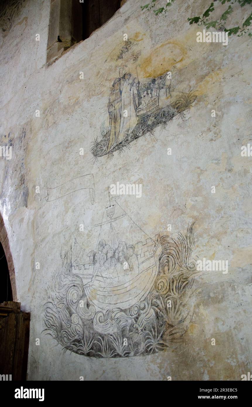 Pitture murali, seccoes di affresco, in Haddon Hall Chapel, Bakewell, Peak District, Derbyshire, Regno Unito Foto Stock