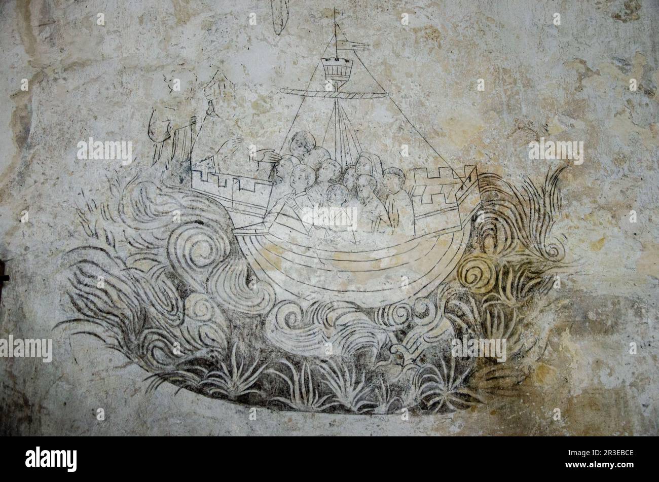 Pitture murali, seccoes di affresco, in Haddon Hall Chapel, Bakewell, Peak District, Derbyshire, Regno Unito Foto Stock