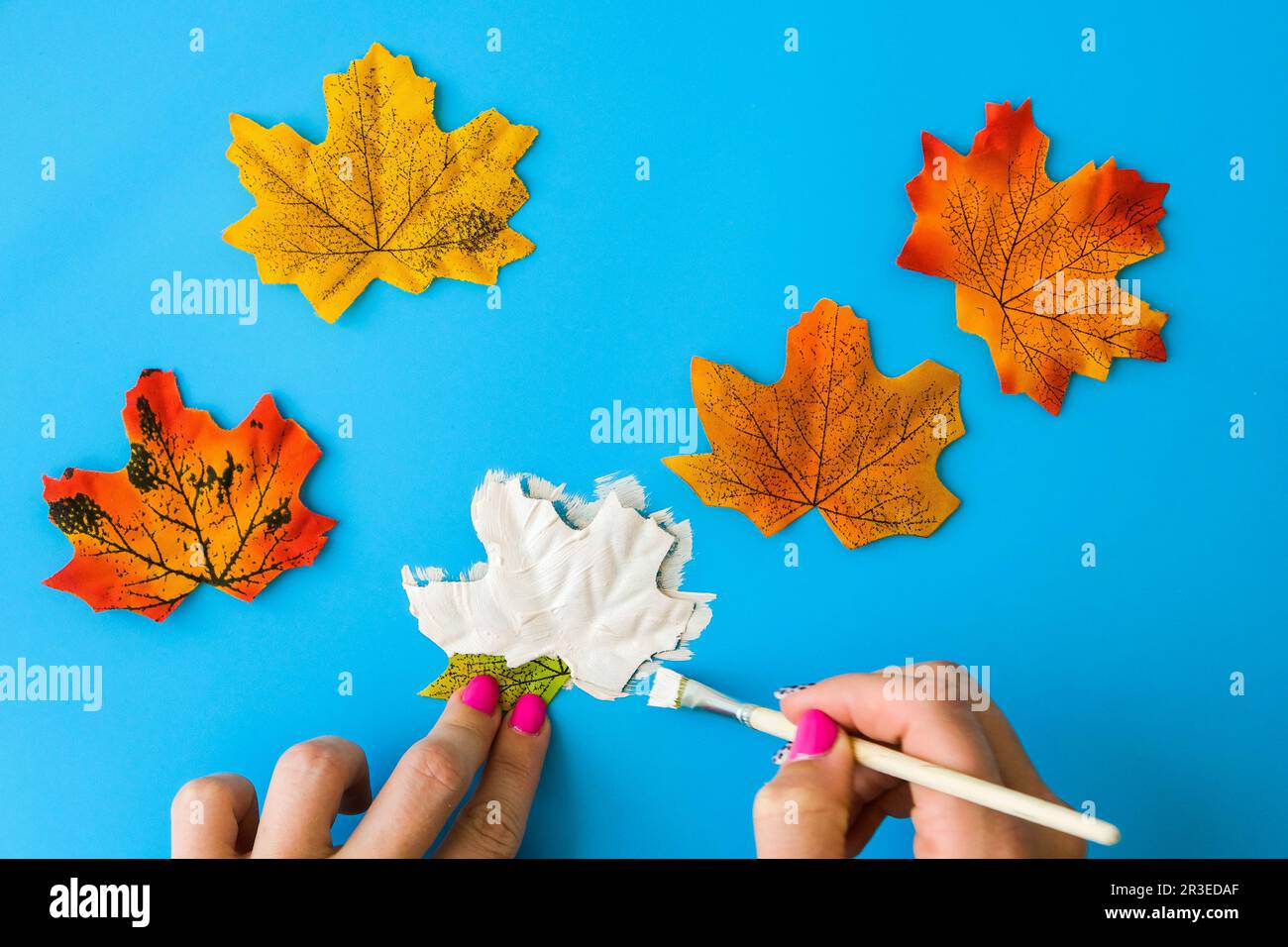 Foglia d'acero con volto dipinto come decorazione per la festa di Halloween autunno. Halloween festa nel mese di ottobre. Pre di Diy di festa Foto Stock