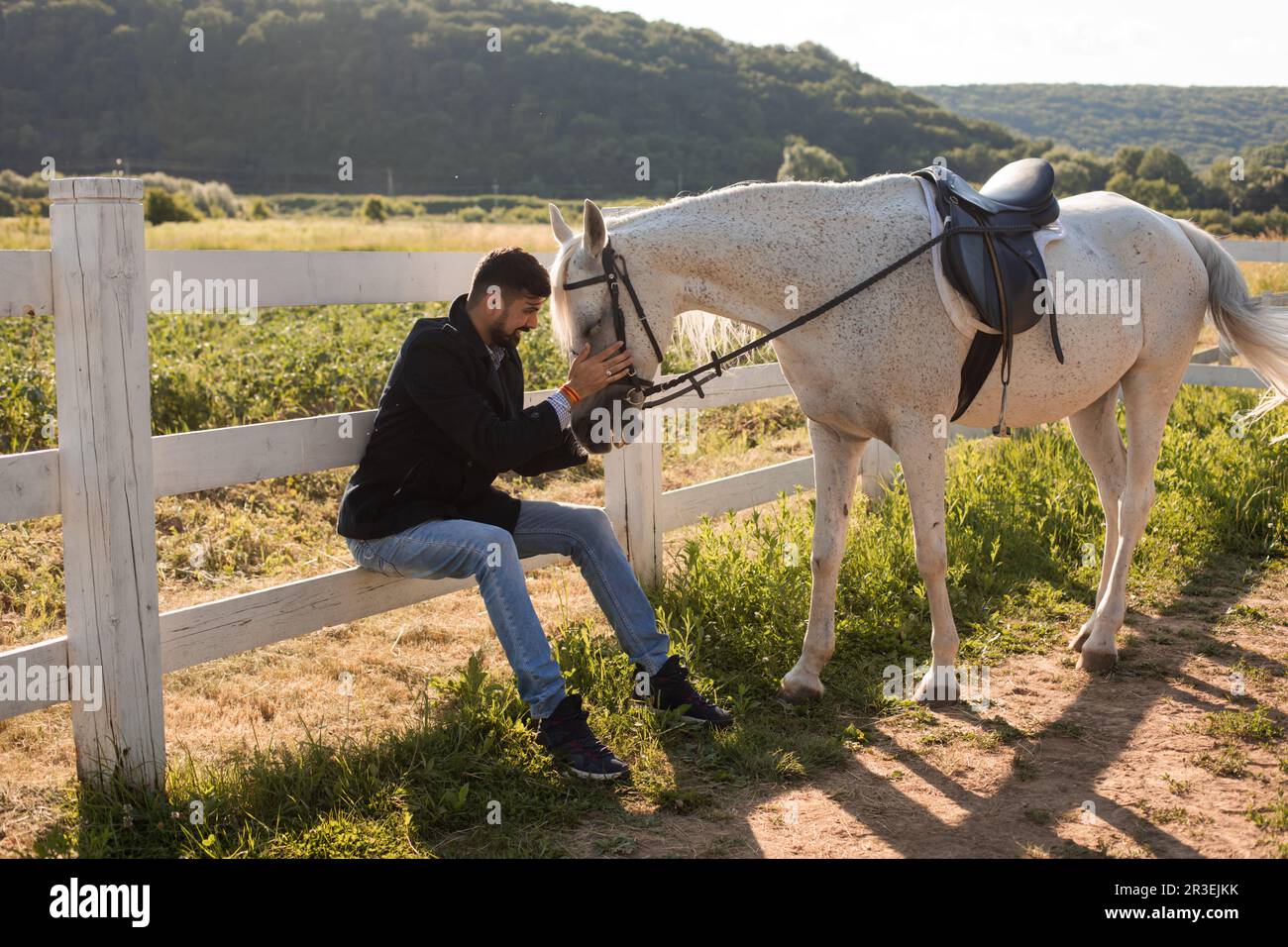 L'uomo riposa con un cavallo su un ranch Foto stock - Alamy