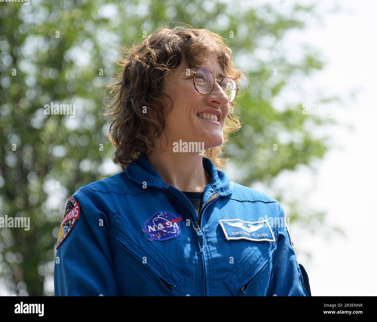 Washington, Stati Uniti. 18 maggio, 2023. Christina Hammock Koch, astronauta della NASA Artemis II, durante una conferenza stampa per discutere la prossima missione sulla luna a Capitol Hill, 18 maggio 2023 a Washington, D.C. Gli astronauti Jeremy Hansen, Victor Glover, Reid Wiseman e Christina Hammock Koch hanno visitato il Congresso per informare i membri della missione sulla luna. Credit: Bill Ingalls/NASA/Alamy Live News Foto Stock