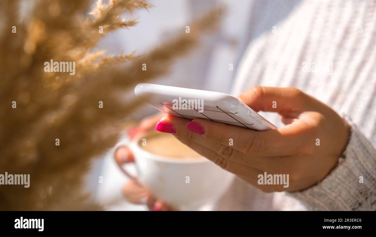 Donna che tiene il telefono cellulare. Pampas erba decorazione casa. Controllare i social media mentre si beve il cappuccino nella colazione morni Foto Stock