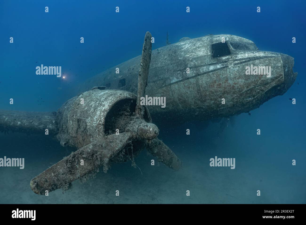 Relitto di un vecchio aereo passeggeri sott'acqua. Foto Stock