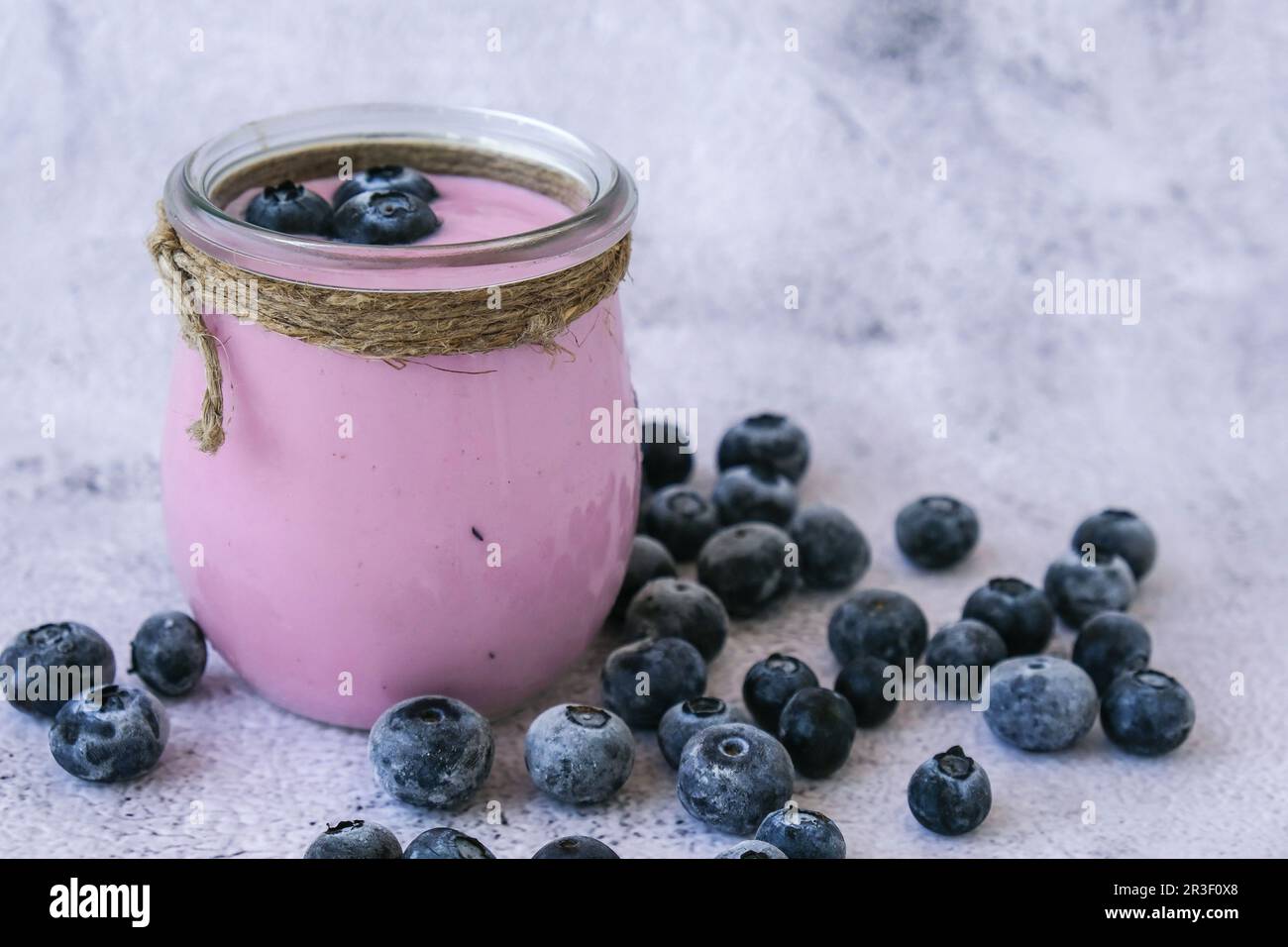 Ciotola con yogurt e mirtilli sul tavolo. Yogurt al mirtillo con mirtilli freschi. Colazione sana. Cibo super sano mangiare Foto Stock Ciotola con yogurt e mirtilli sul tavolo. Yogurt al mirtillo con mirtilli freschi. Colazione sana. Cibo super sano mangiare Foto Stock
