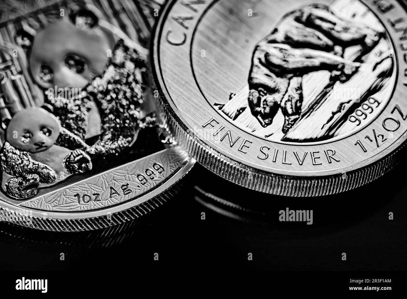 Primo piano di Silver Bullion Coin su uno sfondo a specchio nero Foto Stock