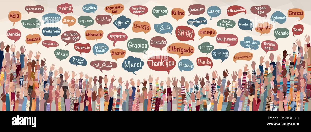 Molti hanno alzato le mani di gente multiculturale dalle nazioni e dai continenti differenti con le bolle di discorso con il testo -grazie- in varie lingue Illustrazione Vettoriale