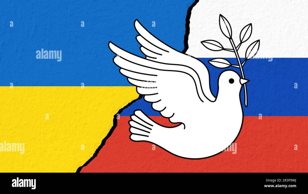Concetto di pace dove per la guerra tra Russia e Ucraina con bandiera nazionale Foto Stock