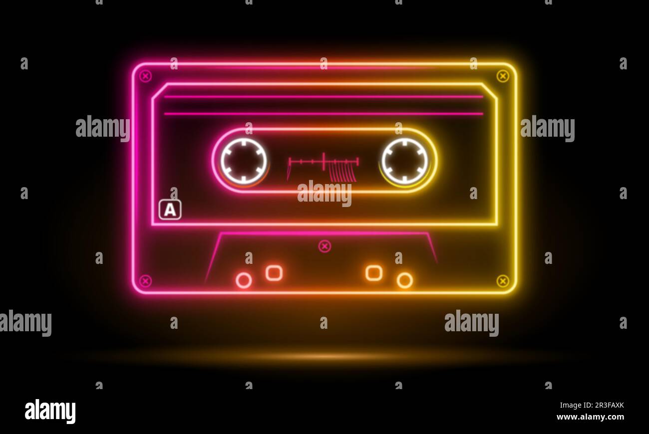 Musicassetta retro al neon con colori anni ottanta, cassetta, illustrazione di immagini vettoriali, design di cassette retro mix tape, Music vintage Illustrazione Vettoriale