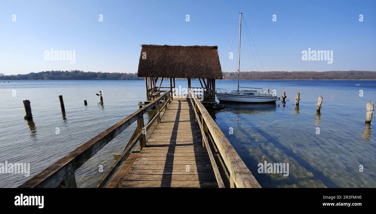 Mulino Jetty Roemnitzer, Roemnitz, Ratzeburger See, Parco Naturale dei Laghi di Lauenburg, Germania, Europa Foto Stock