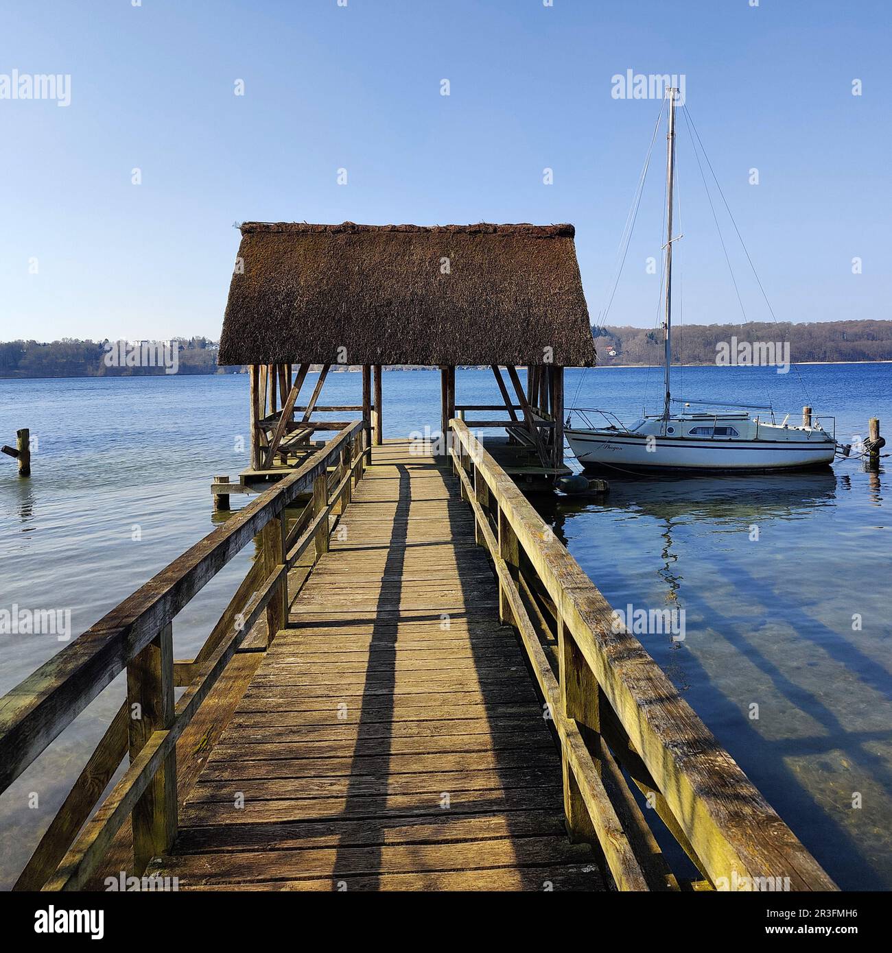 Mulino Jetty Roemnitzer, Roemnitz, Ratzeburger See, Parco Naturale dei Laghi di Lauenburg, Germania, Europa Foto Stock