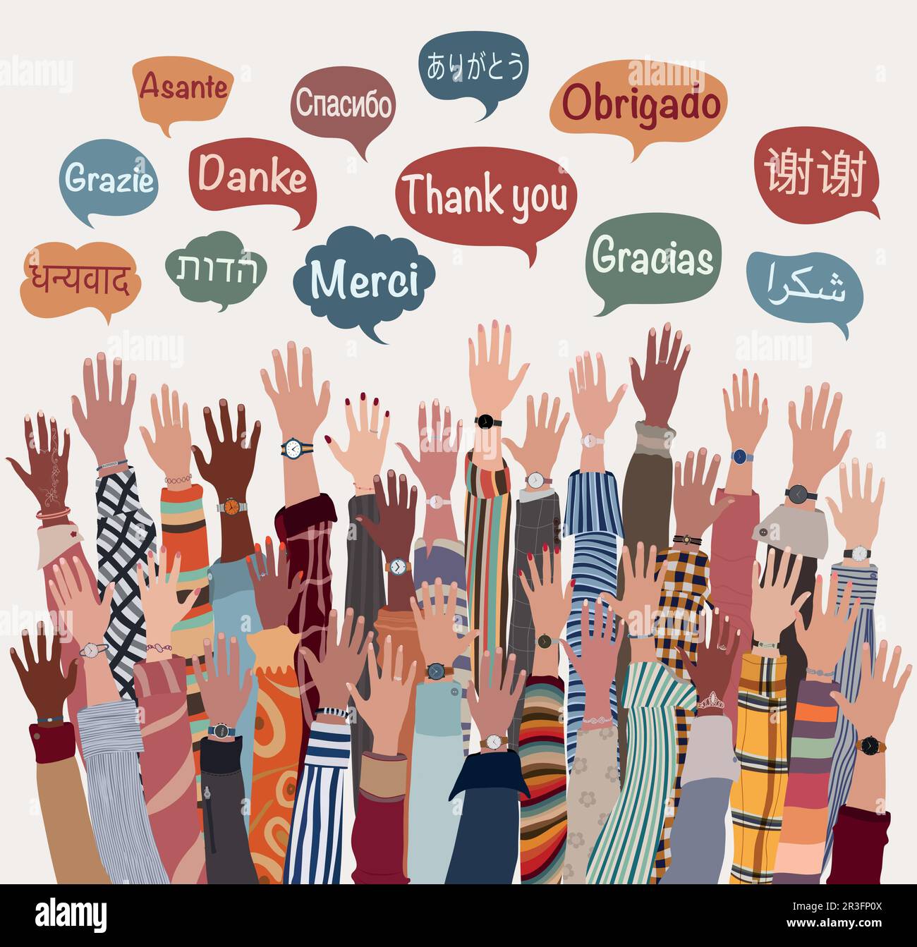 La mano ha alzato la gente multiculturale dalle nazioni e dai continenti differenti con le bolle di discorso con il testo -grazie- in varie lingue internazionali Illustrazione Vettoriale