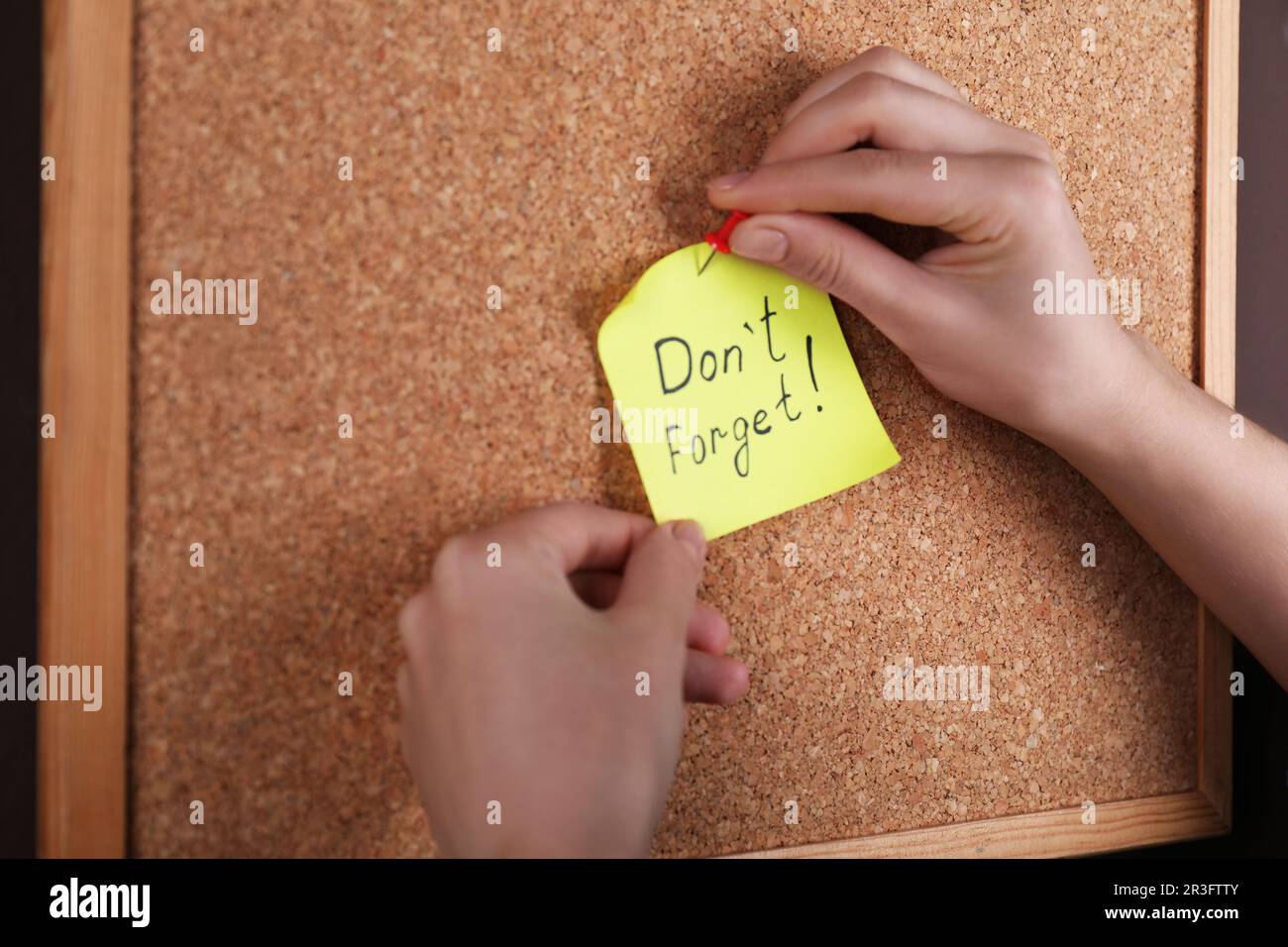 Donna pinning carta nota con frase non dimenticare di sughero bordo, primo piano Foto Stock
