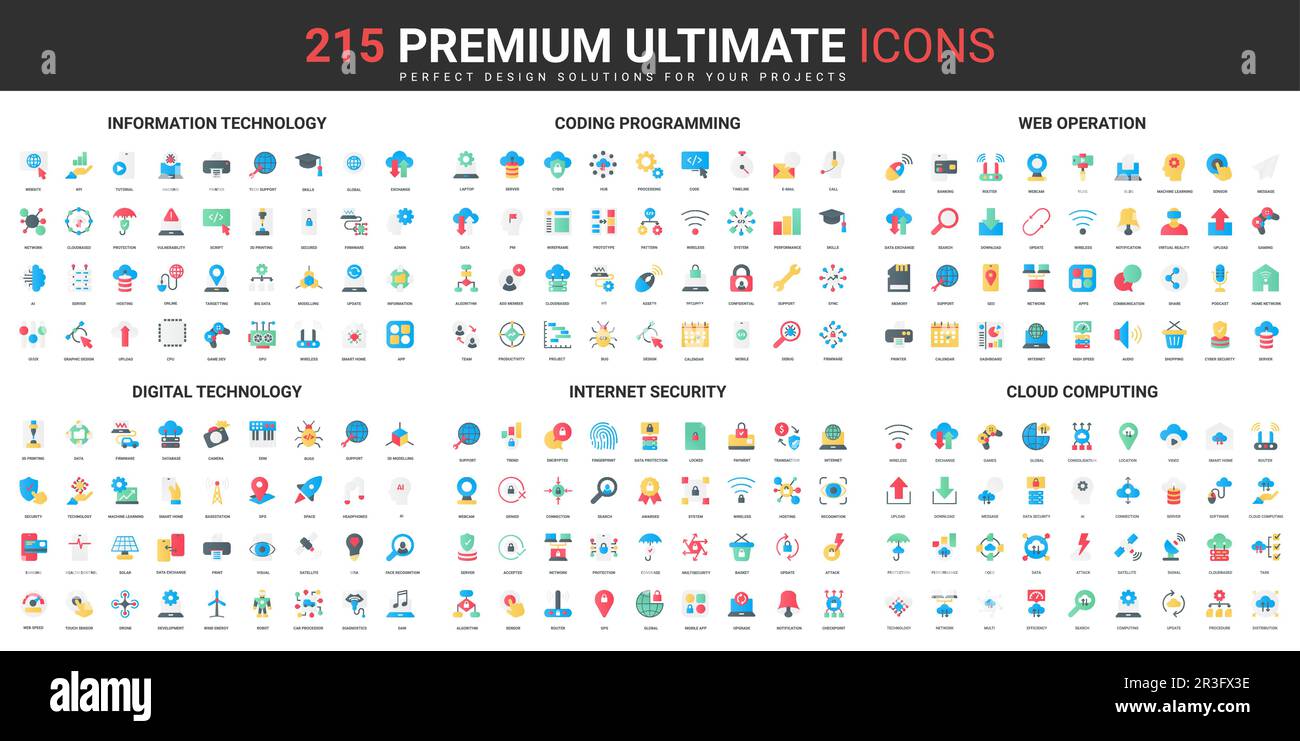 Codifica Web, programmazione e sicurezza Internet icone piatte a colori impostare l'illustrazione del vettore. Simboli astratti delle informazioni, della tecnologia digitale e del cloud computing Design semplice per applicazioni web e mobili Illustrazione Vettoriale