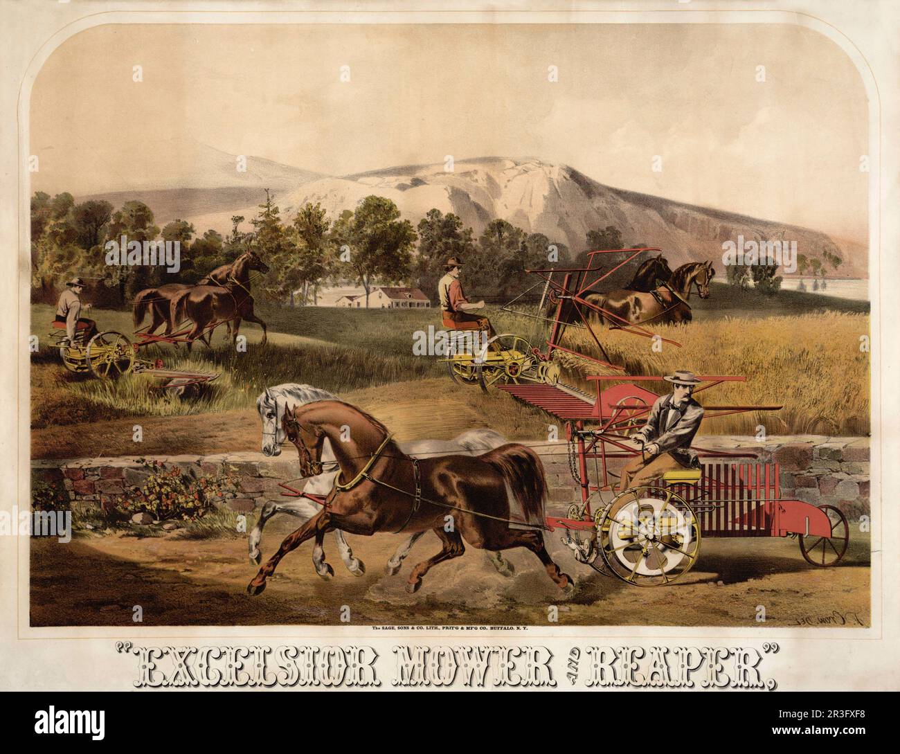 Pubblicità vintage per tosaerba e rasaerba Excelsior, che mostra agli agricoltori che lavorano nei campi. Foto Stock