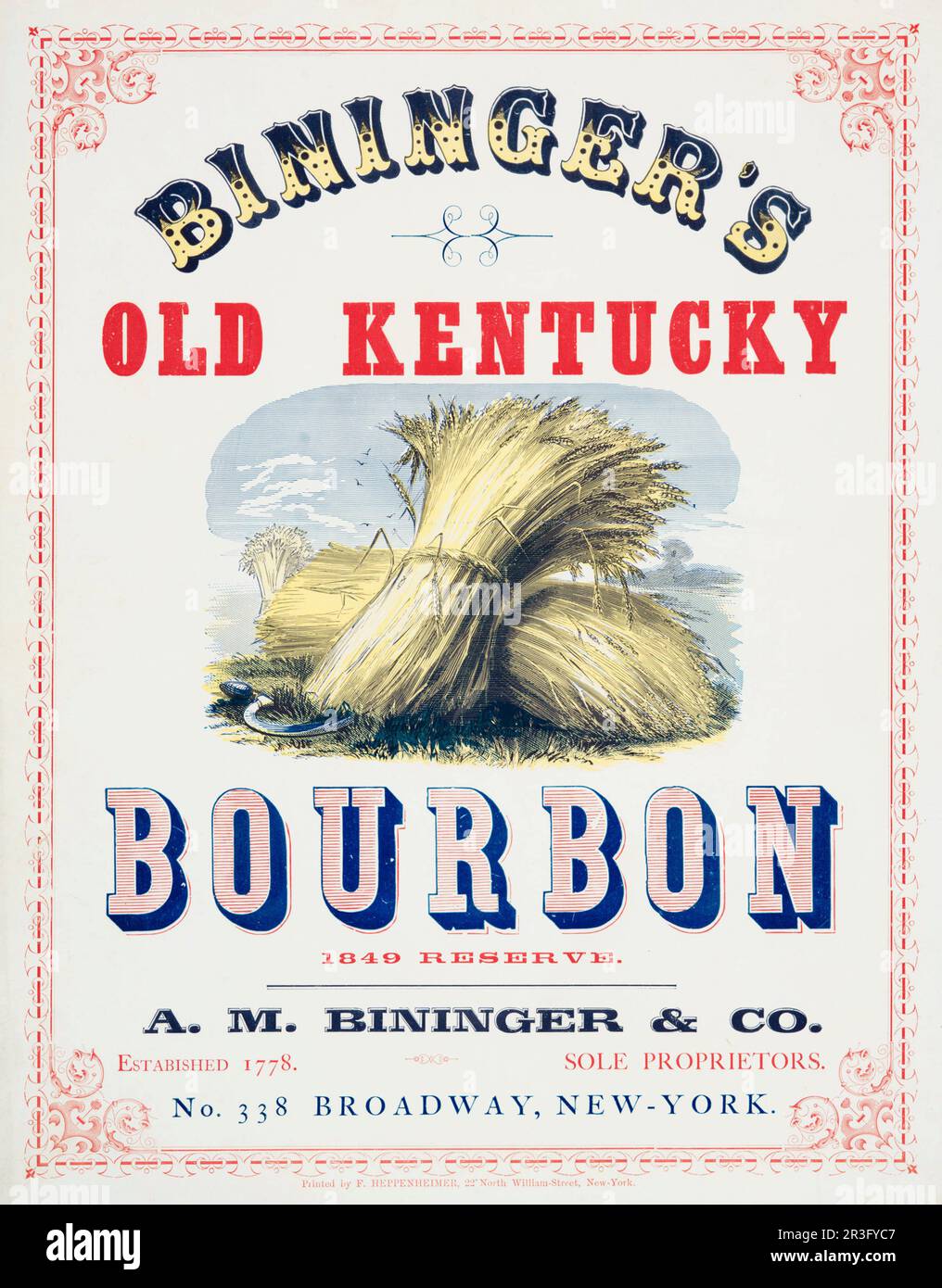 Pubblicità vintage per la vecchia riserva Kentucky bourbon 1849 di Bininger. Foto Stock