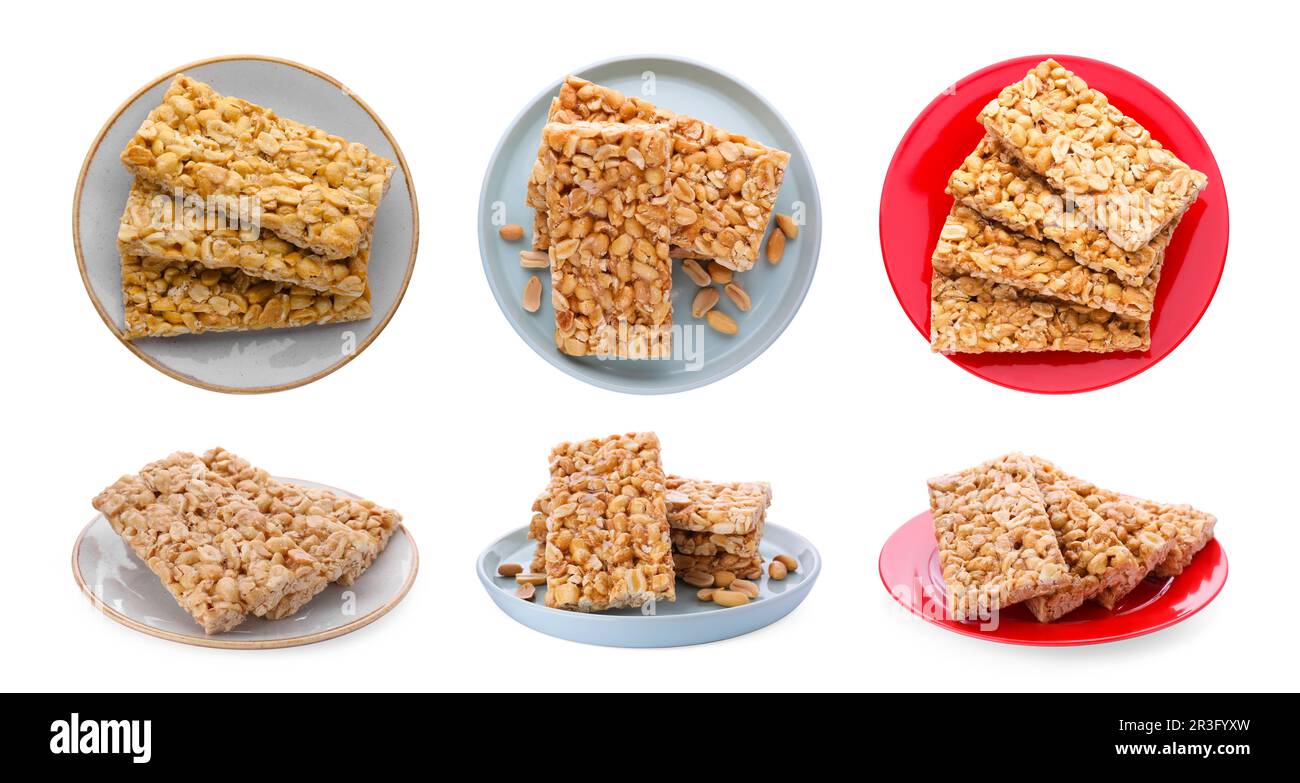 Collage con gustose barrette di arachidi (kozinaki) su sfondo bianco, vista dall'alto e laterale. Design del banner Foto Stock