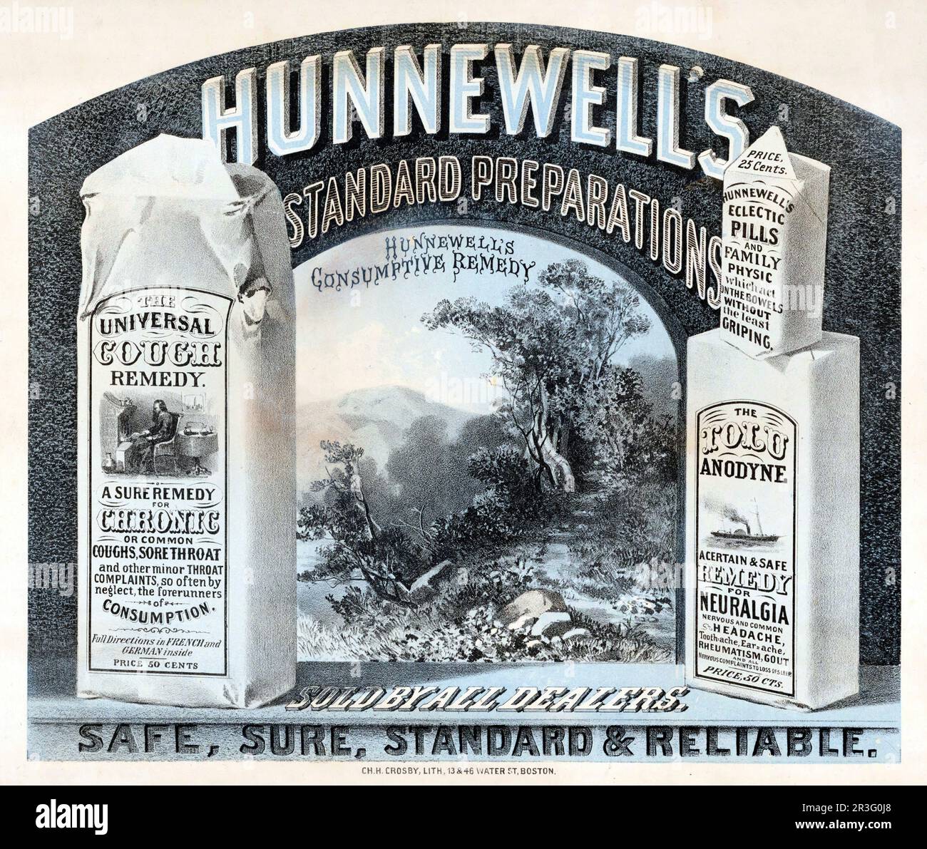 Annuncio vintage per le preparazioni standard di Hunnewells, le pillole ed i trattamenti. Foto Stock