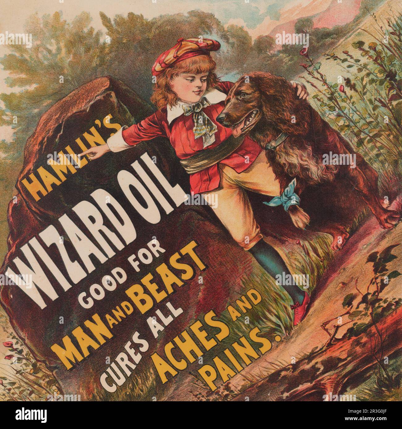 Un ragazzo che indica una pubblicità per Hamlin's Wizard Oil al suo cane ferito. Foto Stock