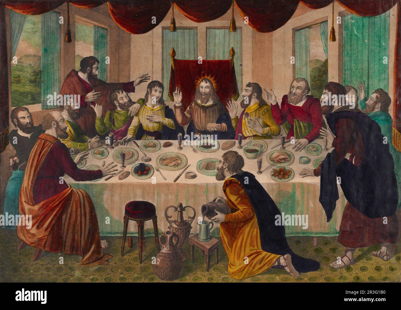 Gesù Cristo presiede l'ultima cena ad una lunga tavola con i suoi apostoli. Foto Stock
