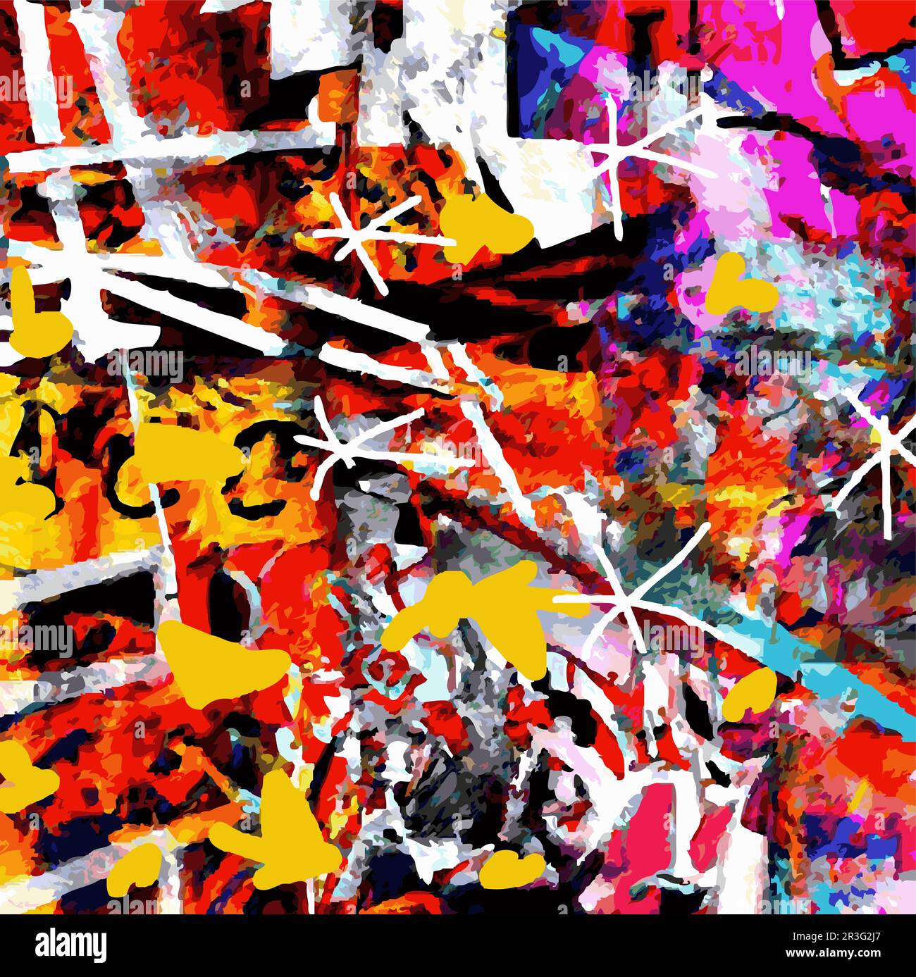 Illustrazione vettoriale Abstract Network Design intricato Collage Splash colori multipli Pittura moderna Illustrazione Vettoriale