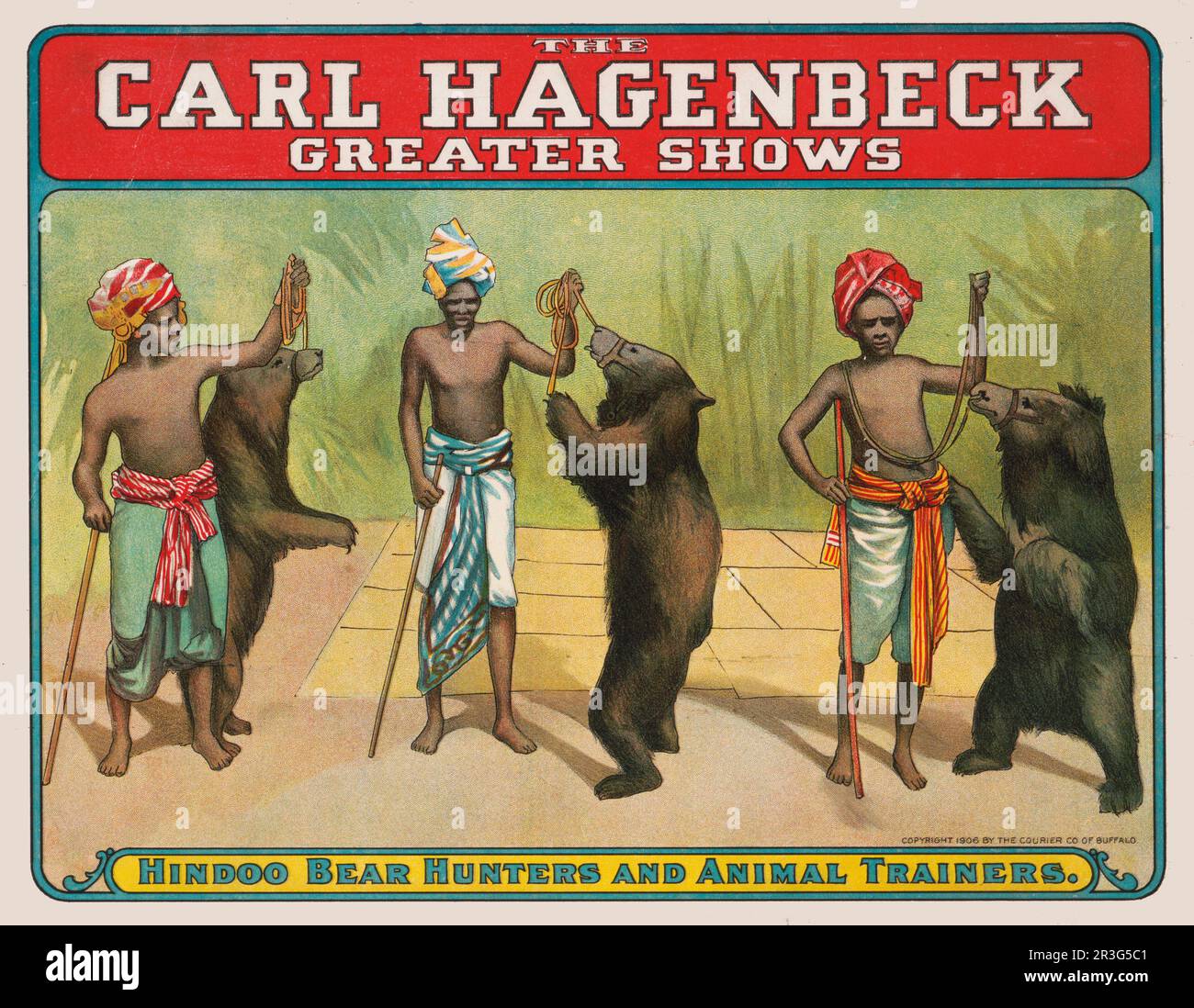 Poster vintage del circo Carl Hagenbeck che mostra orsi e allenatori indù, circa 1906. Foto Stock