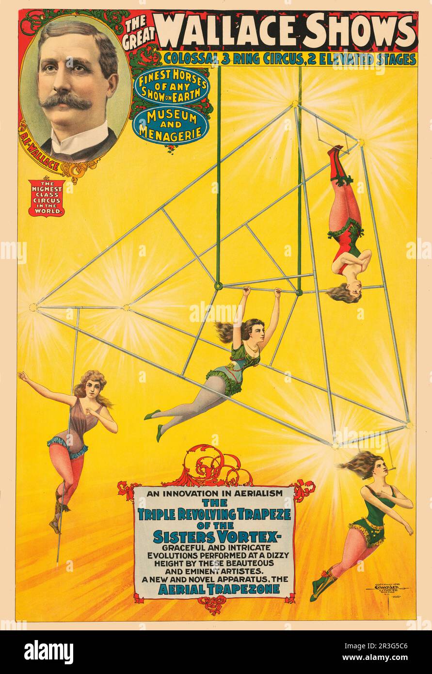 Manifesto pubblicitario il Grande Wallace mostra circo, mostrando le sorelle Vortex che eseguono il loro triplo atto di trapezio girevole, circa 1898. Foto Stock