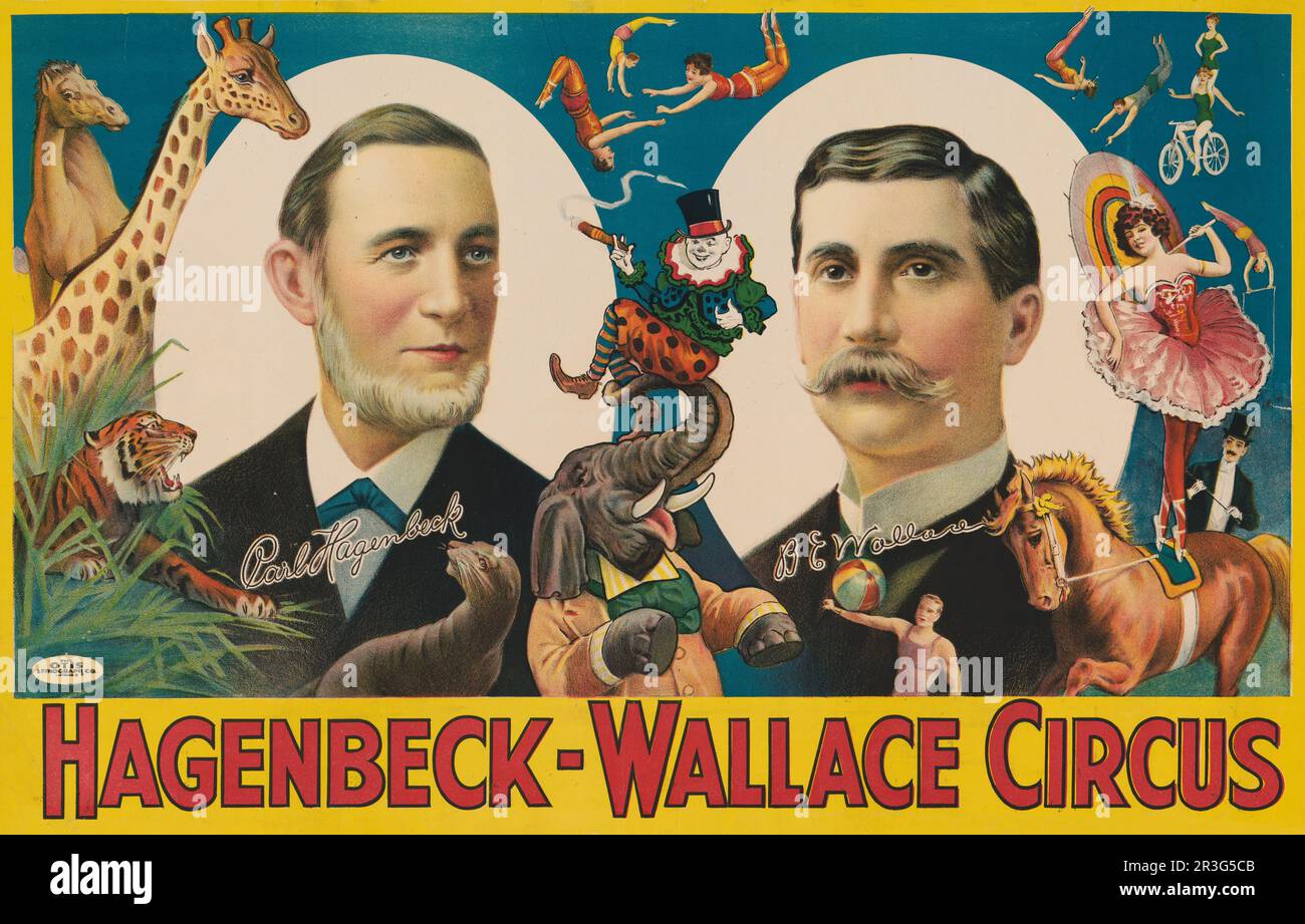 Poster del circo d'epoca che mostra i ritratti di Carl Hagenbeck e B.E. Wallace circondato da animali e artisti. Foto Stock