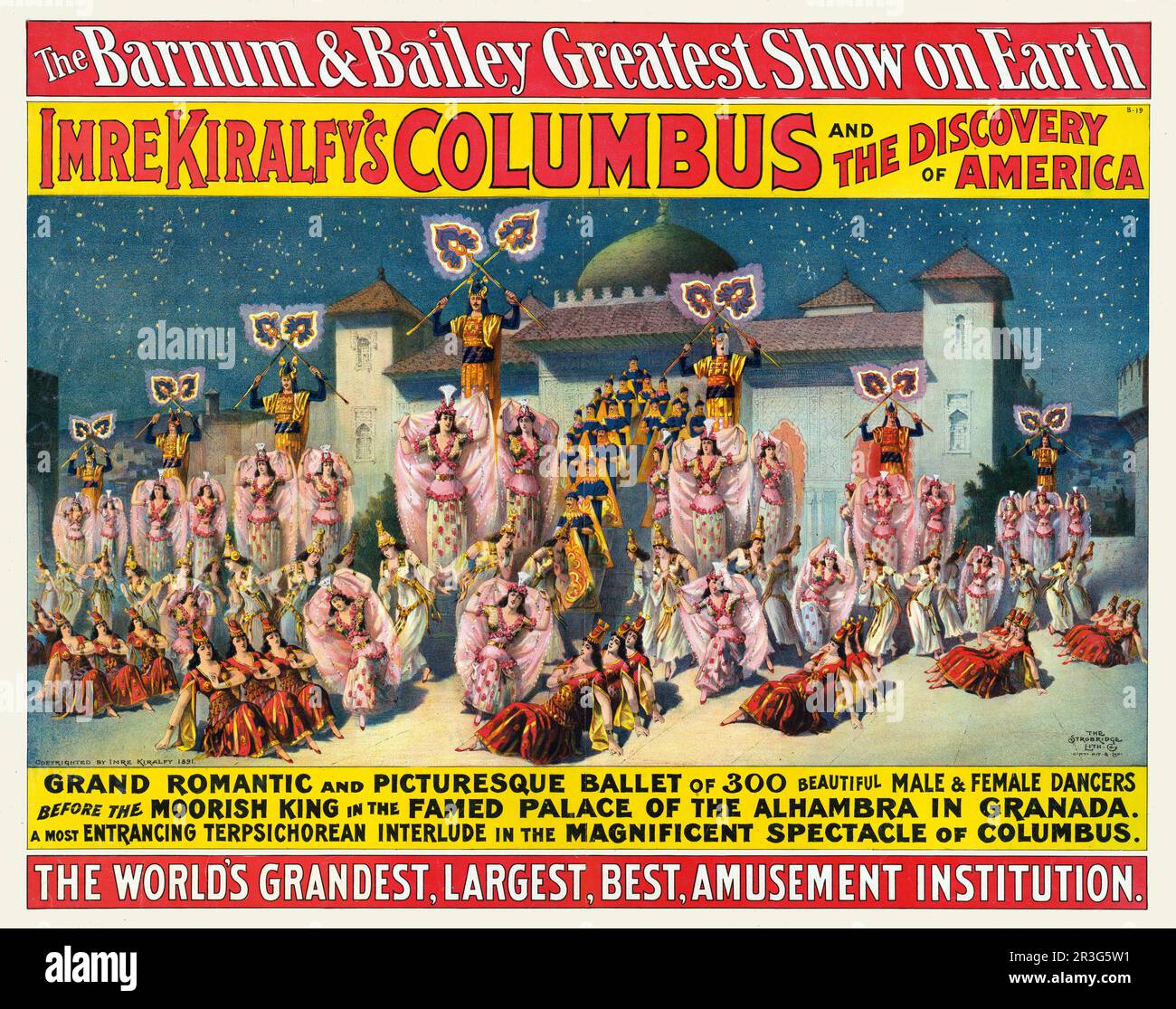 Poster del circo vintage Barnum e Bailey che mostra i ballerini davanti al re moresco nell'Alhambra. circa 1891. Foto Stock