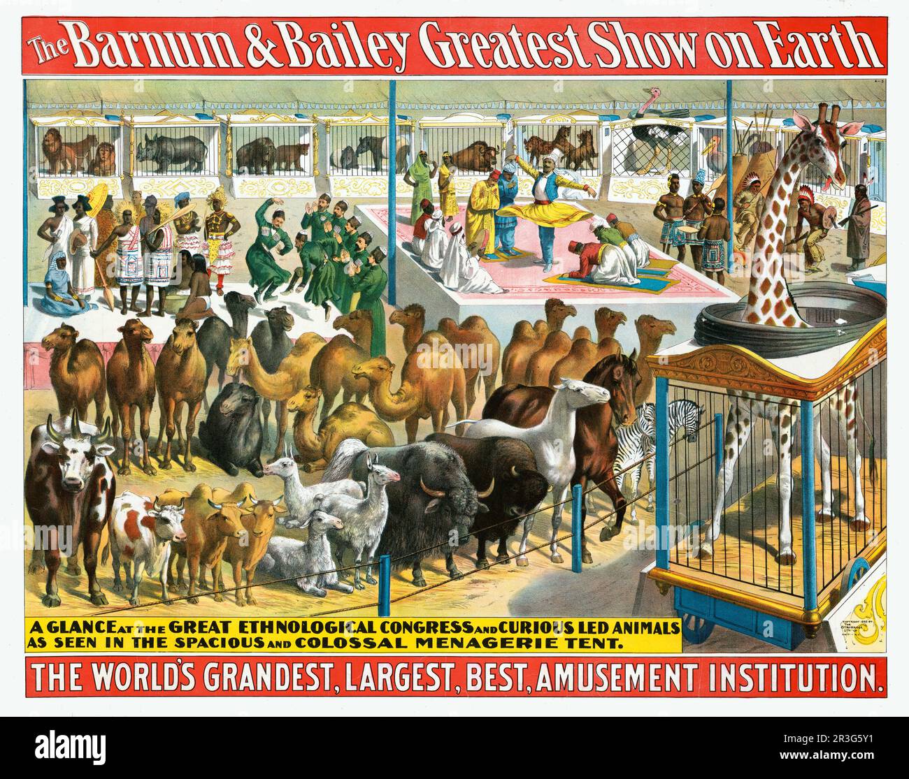 Poster del circo vintage Barnum & Bailey che mostra persone di diverse nazionalità e animali vari, circa 1895. Foto Stock
