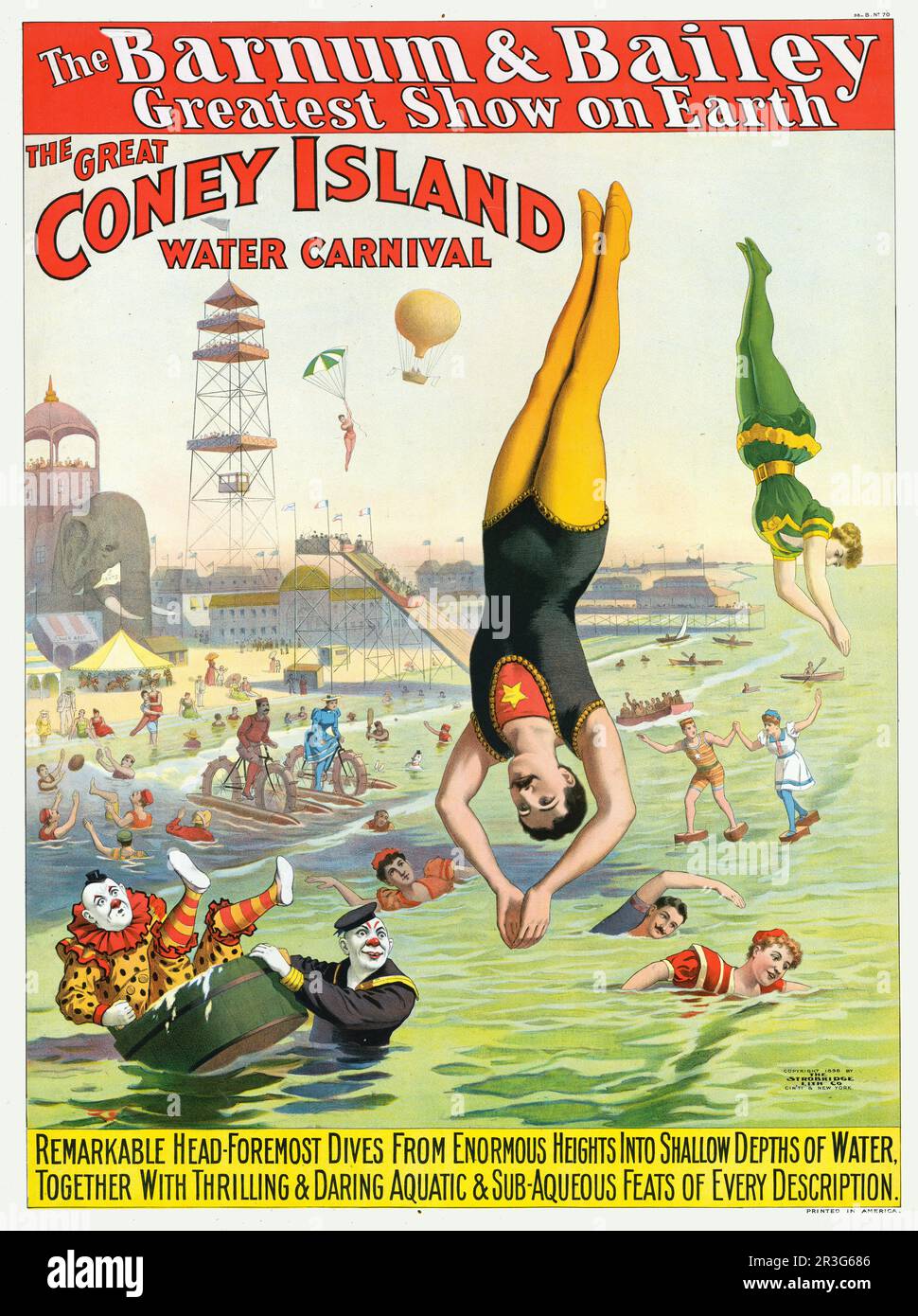 Poster del circo Barnum & Bailey vintage del Carnevale delle acque di Great Coney Island, circa 1898. Foto Stock