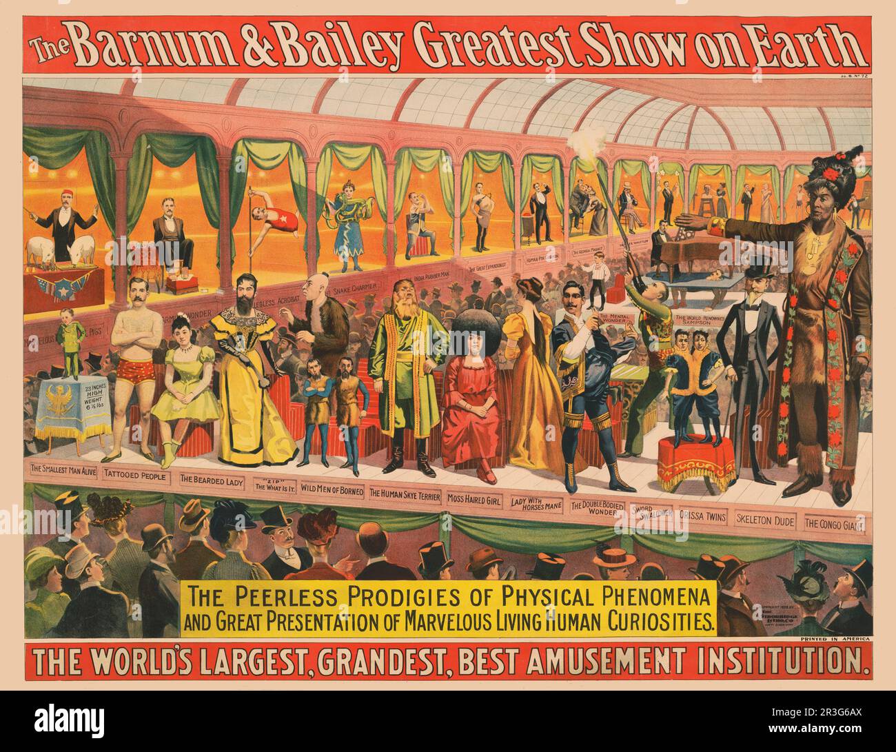 Poster del circo Barnum & Bailey vintage che mostra le prodigie senza pari dei fenomeni fisici, circa 1898. Foto Stock