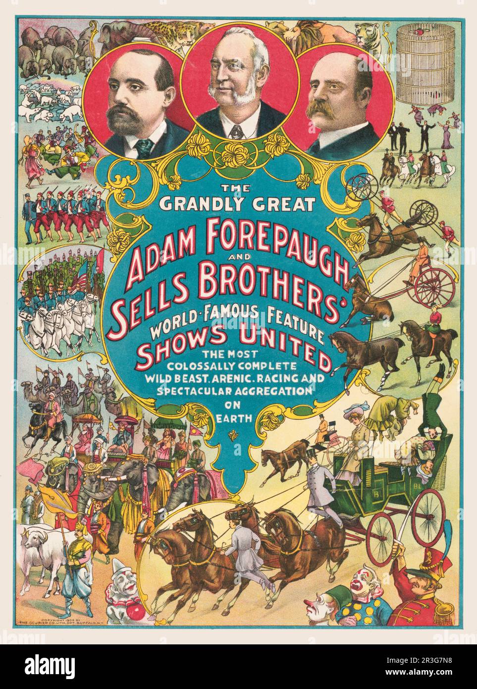 Vintage Adam Forepaugh e vende un poster del circo dei Fratelli che mostra molte scene del circo, circa 1904. Foto Stock