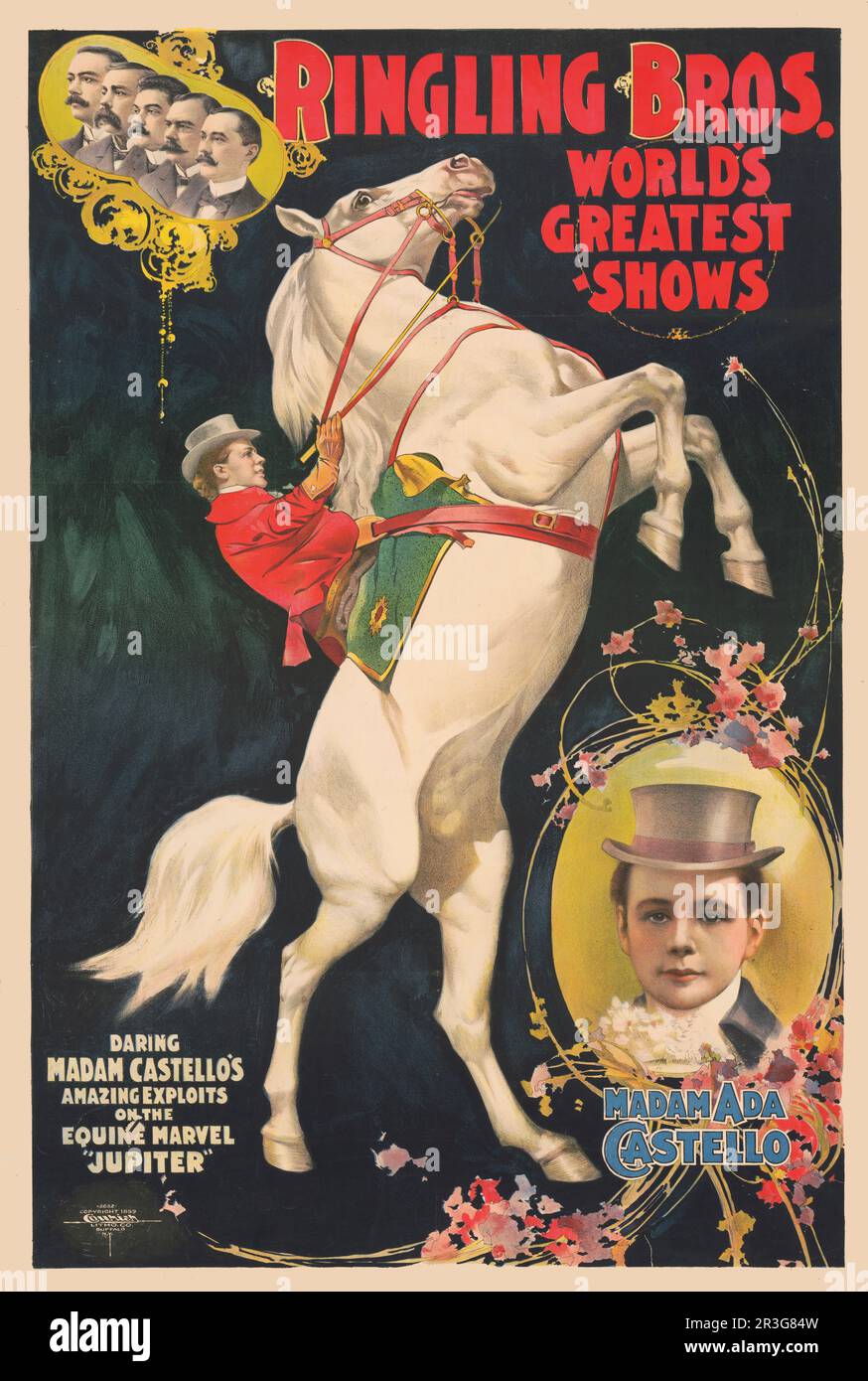 Manifesto del circo Vintage Ringling Brothers che mostra Madame Ada Castello su un cavallo d'allevamento, intorno al 1899. Foto Stock