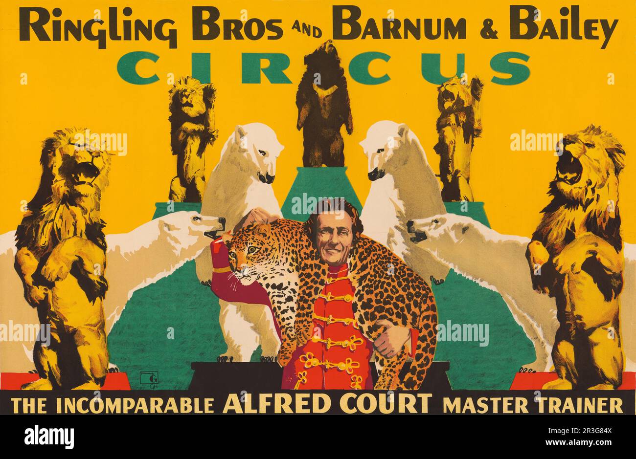 Vintage Ringling Bros. E Barnum & Bailey circo poster che mostra maestro allenatore Alfred Court con animali addestrati. Foto Stock