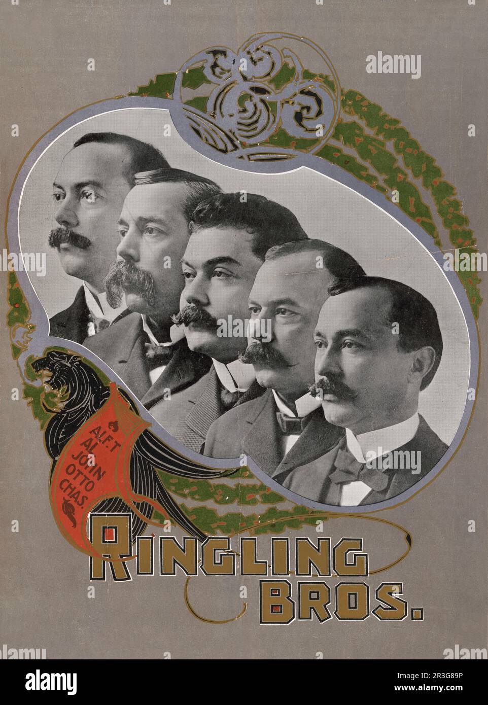 Ringling Bros. Poster del circo vintage che mostra una fotografia dei cinque fratelli, circa 1900. Foto Stock