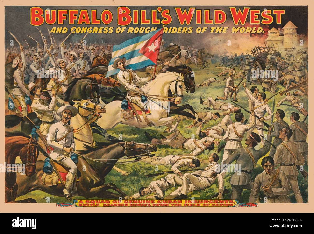 Stampa vintage della battaglia tra il congresso di Buffalo Bill di piloti grezzi e ribelli cubani, intorno al 1898. Foto Stock