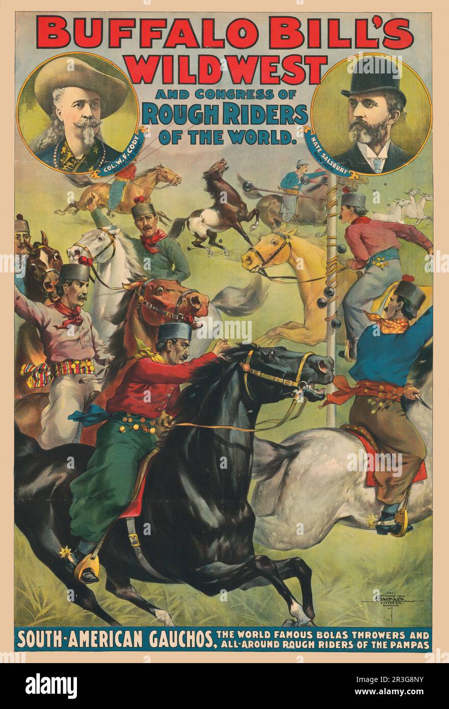 Poster vintage che mostra Gauchos sudamericano, i Throwers Bolas famosi in tutto il mondo, intorno al 1899. Foto Stock