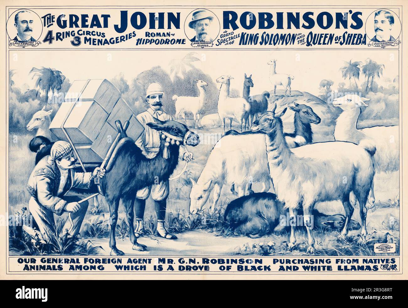 Poster del circo di John Robinson vintage che mostra un uomo che acquista un gruppo di lama da nativi, circa 1900. Foto Stock