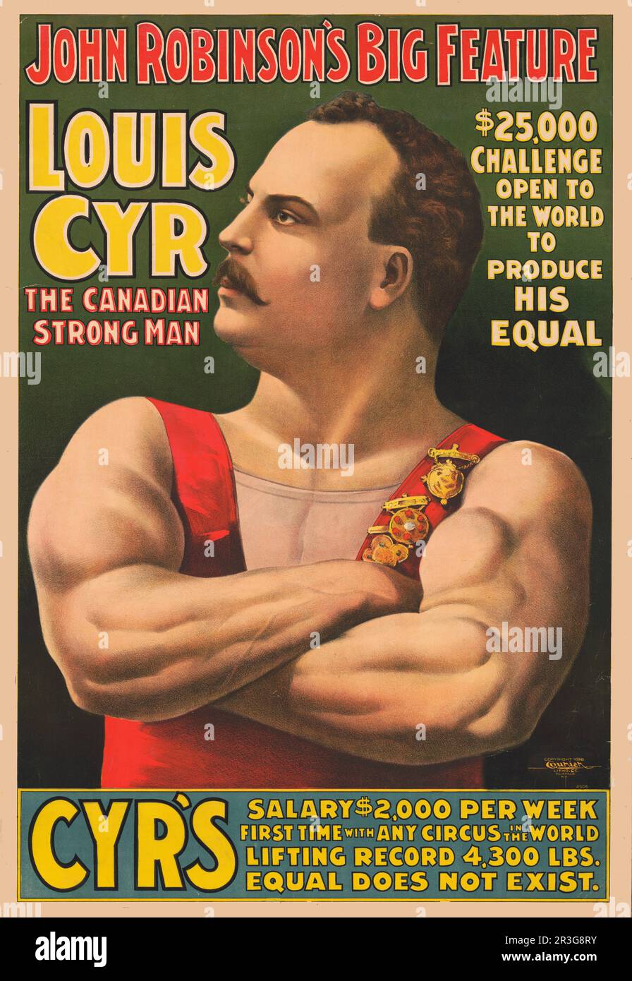 Poster del circo vintage che mostra Louis Cyr con le braccia incrociate, circa 1898. Foto Stock