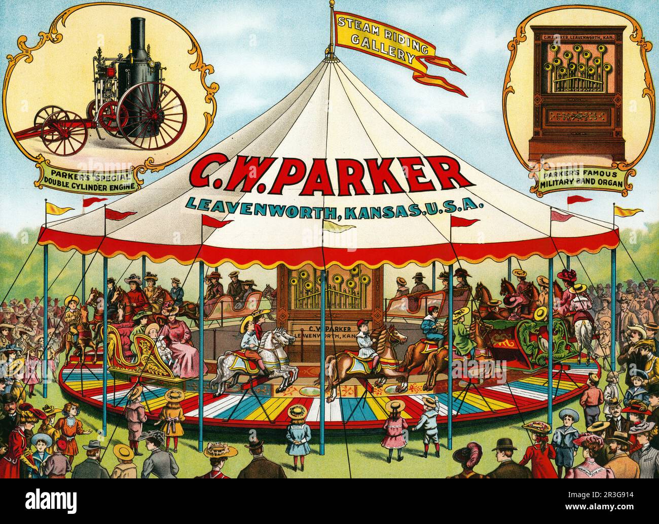 Poster circo vintage. C.W. Parker. Galleria di equitazione a vapore. Speciale motore a doppio cilindro. Organo a banda militare. Foto Stock