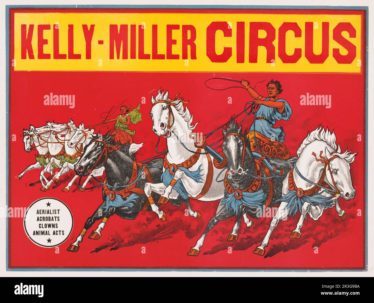 Poster del circo Vintage Kelly Miller che mostra due uomini nelle corse dei carri. Foto Stock