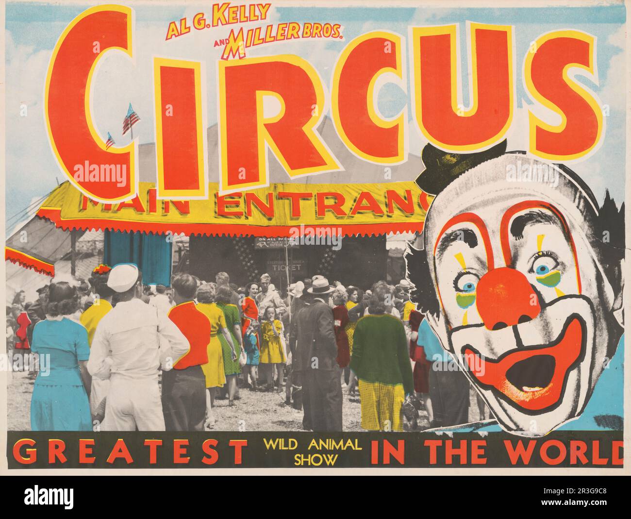 Poster del circo Vintage Kelly Miller che mostra le persone che entrano nella grande cima e una grande faccia clown. Foto Stock