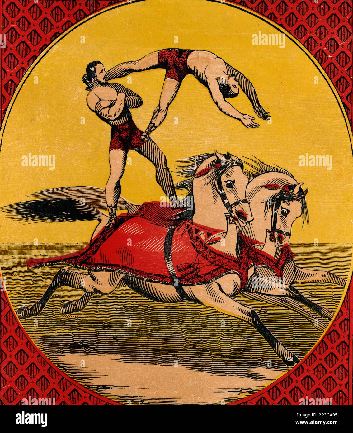 Stampa vintage di due piloti bareback maschili che perfezionano acrobazie bilanciando le spalle di due cavalli. Foto Stock