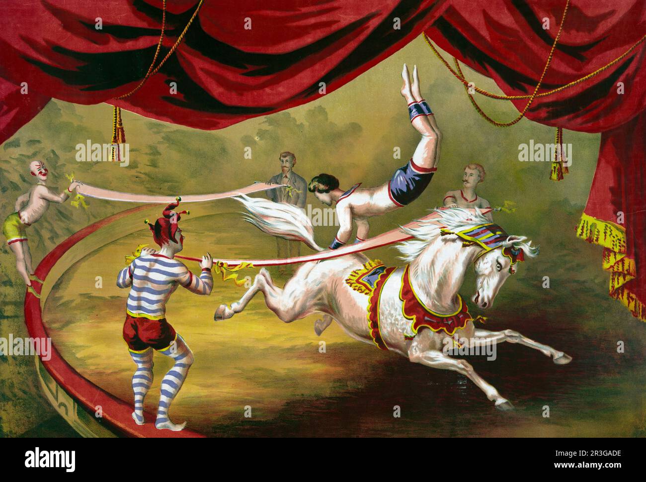 Poster del circo d'epoca che mostra l'acrobata che si esibisce a cavallo. Foto Stock