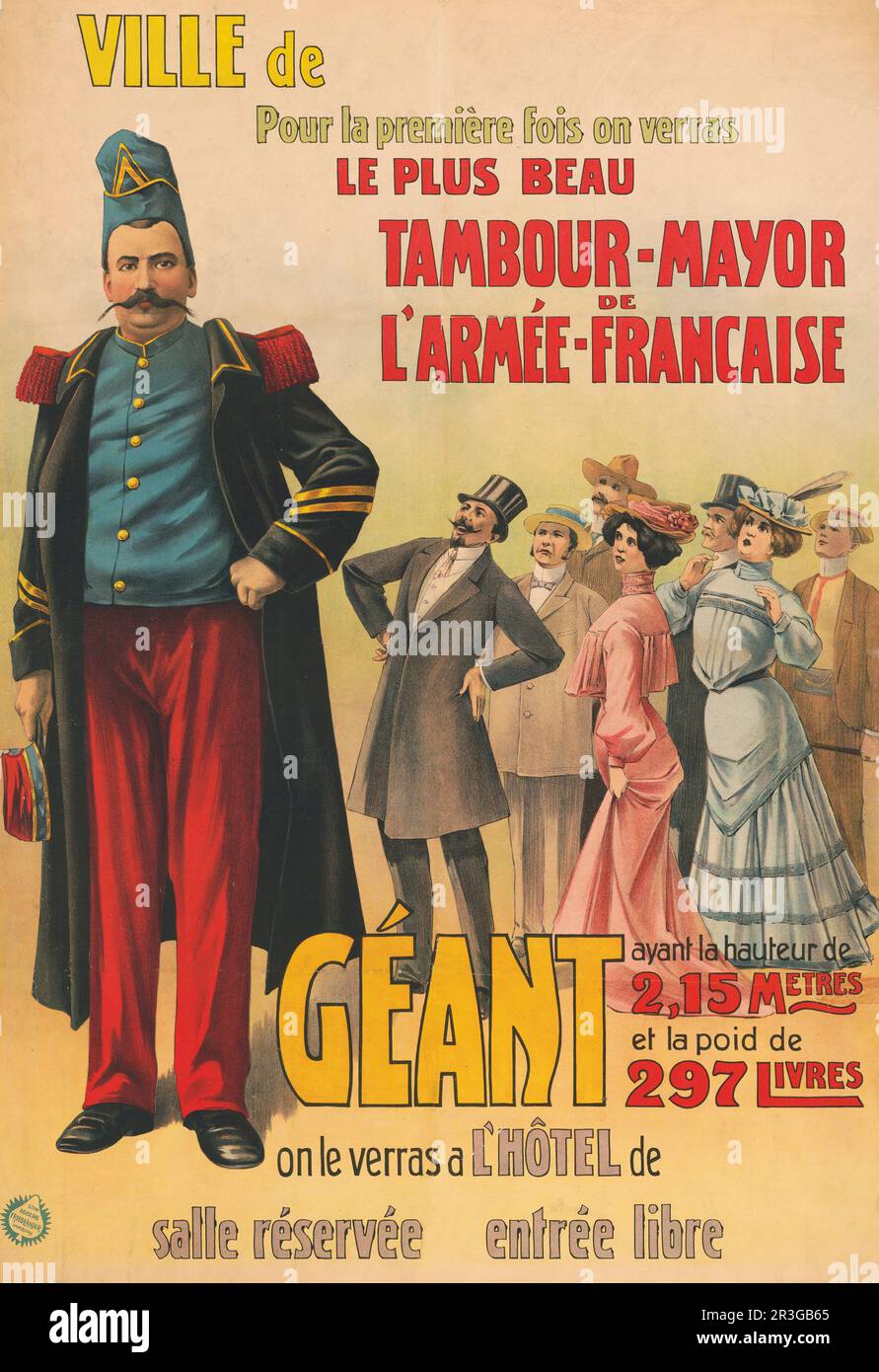 Poster del circo francese d'epoca che mostra la folla ammirando un grande soldato francese, intorno al 1889. Foto Stock