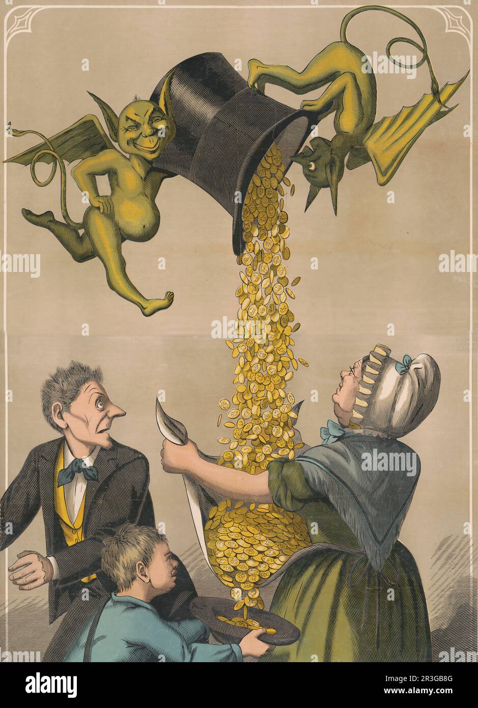 Diavoli che versano monete d'oro dal cappello nel grembiule della donna e nel cappello del ragazzo, circa 1870. Foto Stock